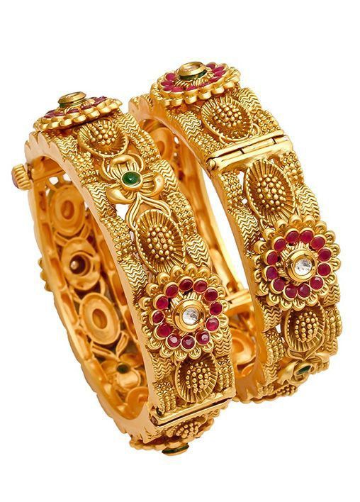 Antique Kempu Ruby Floral Screw Kada Pair